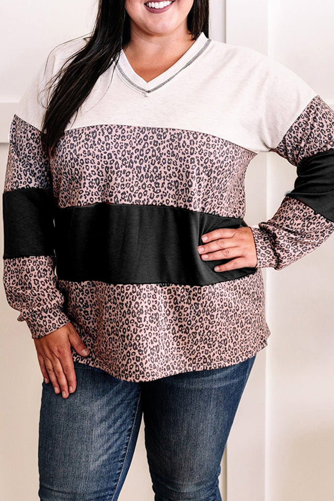 Black Leopard Print Colorblock V Neck Long Sleeve Plus Size Top - Pangea Silver