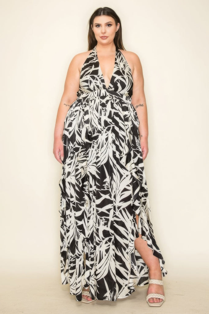 Crinkle Satin Printed Halter Ruffled Detail Smocked Waist Slit Frt Maxi Dress - Pangea Silver