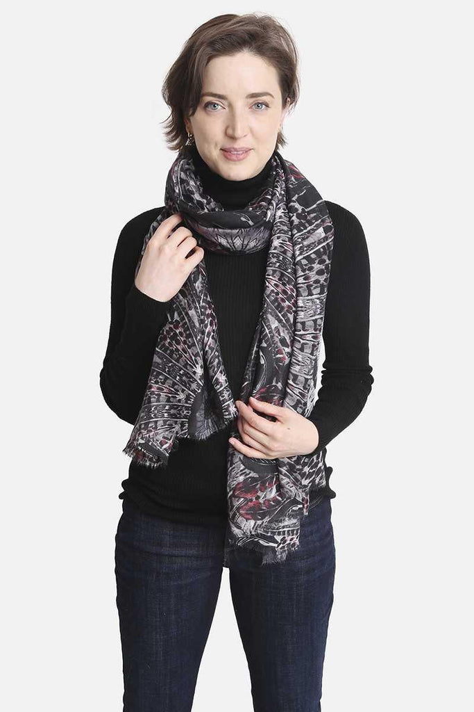 Feather Print Skinny Scarf - Pangea Silver